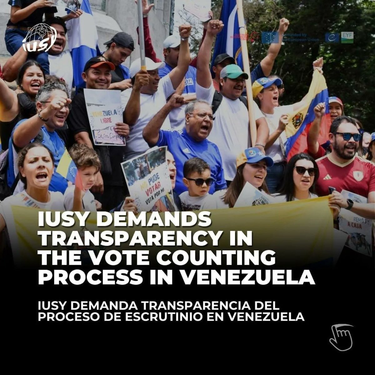 juventuddelmas's tweet photo. @IUSY_Global demanda transparencia del proceso de escrutinio en Venezuela y expresa profunda preocupación por los resultados publicados por el CNE,  fundamentada en la evidente falta de transparencia que afecta al proceso electoral y genera dudas sobre la legitimidad del mismo.l https://t.co/cRJvvLVuAG