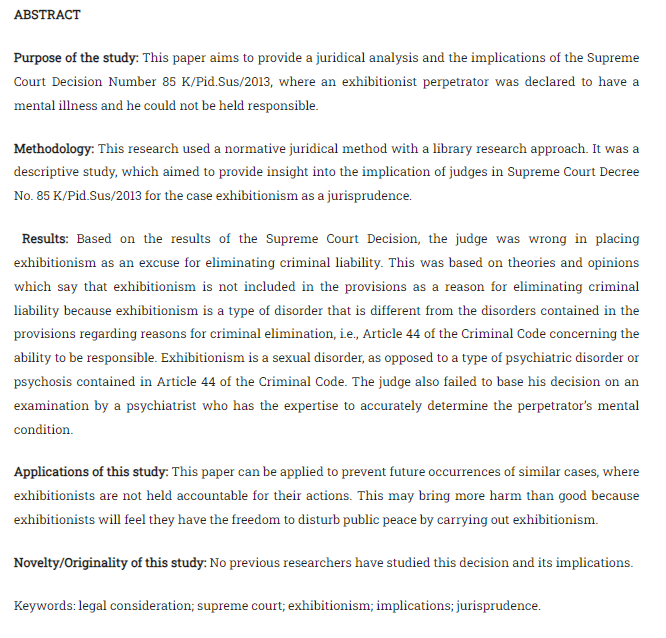 Jurisprudence_e's tweet photo. Alwan, Sultan, dkk. “Legal Considerations from Judges in Supreme Court Decree No. 85 K/Pid.Sus/2013 Concerning the Acquittal of Exhibitionism Perpetrators and Their Implications as a #Jurisprudence.” Jurnal Jurisprudence, 2022, hlm. 299–312. https://t.co/4tvgs9cSNU. https://t.co/KIwiEo5Gax