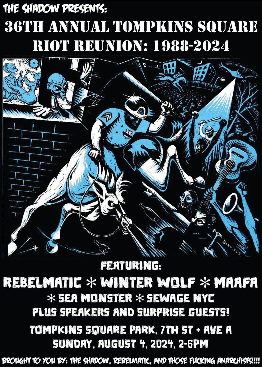 Come to a #punkrock and #hardcore show this Sunday in #NewYorkCity! The 36th Annual Tompkins Square Riot Reunion: 1988-2024! I will be featured and excited to be playing drums for #SpikePoliteandSewage. #Rebelmatic, #WinterWolf, #Maafa, and #SeaMonster are performing as well.🤘🎶