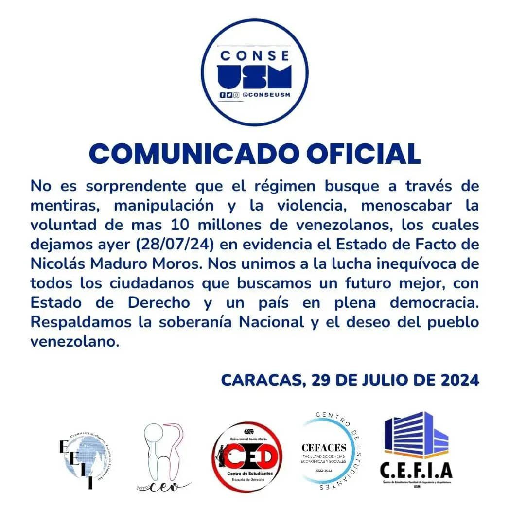 Comunicado de la representación estudiantil de la Universidad Santa María. 

 #VenezuelaLibre #29Jul
