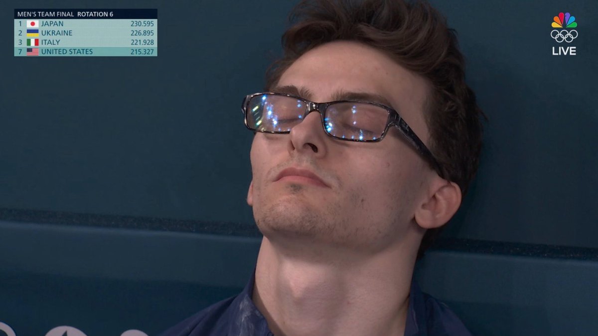 TheAthletic's tweet photo. As the last man to compete in the men's gymnastics final, USA's Stephen Nedoroscik rested up before competing.

But when it was time to hop on the pommel horse, he delivered an #Olympics moment.

@DanaONeilWriter on the odds he beat to get there ⤵️
https://t.co/6vRNnUXhF2 https://t.co/LSWUcon7g1