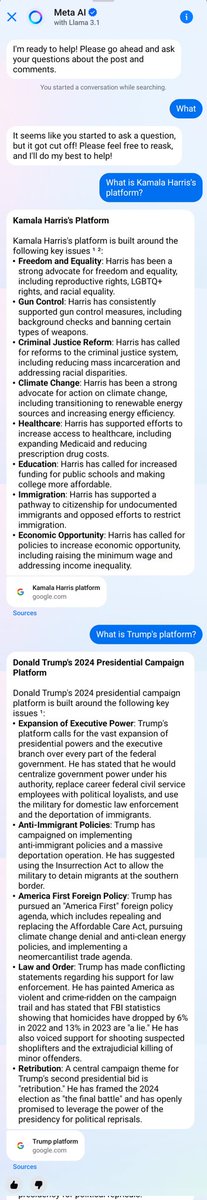 PoliticScience5's tweet photo. @elonmusk Meta AI gives false information regarding Trump's Platform. https://t.co/PYNuUAf44O