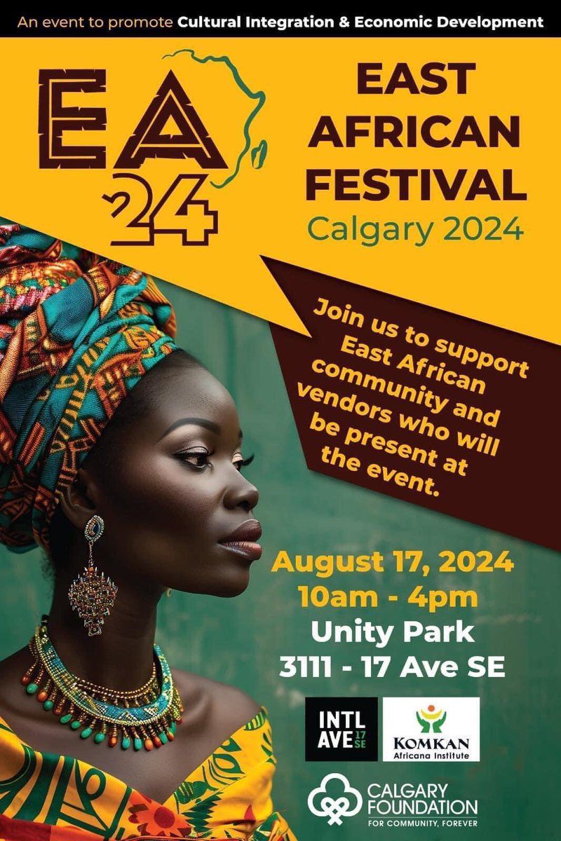 scscalgary's tweet image. Join us on August 17 at Unity Park, located at 3111 17 Ave SE, for the East African Festival. This vibrant event will showcase the rich cultural heritage of East Africa, promoting cultural integration and fostering economic development within our community.