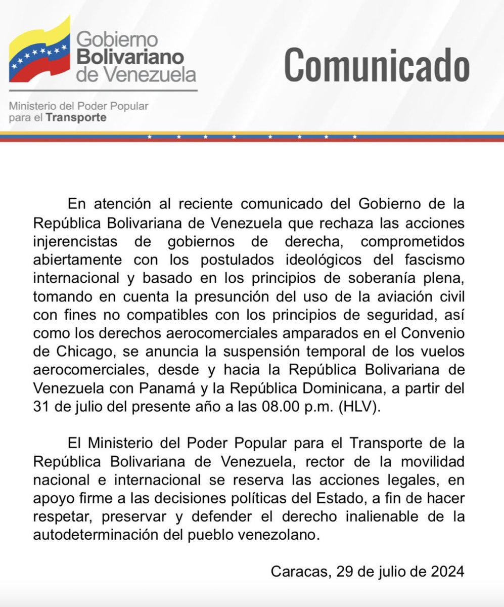 El Ministerio de Transporte acaba de anunciar la "suspensión temporal" de vuelos entre Venezuela, por un lado, y República Dominicana y Panamá, por el otro. Adiós, puente aéreo con Estados Unidos vía esos países.