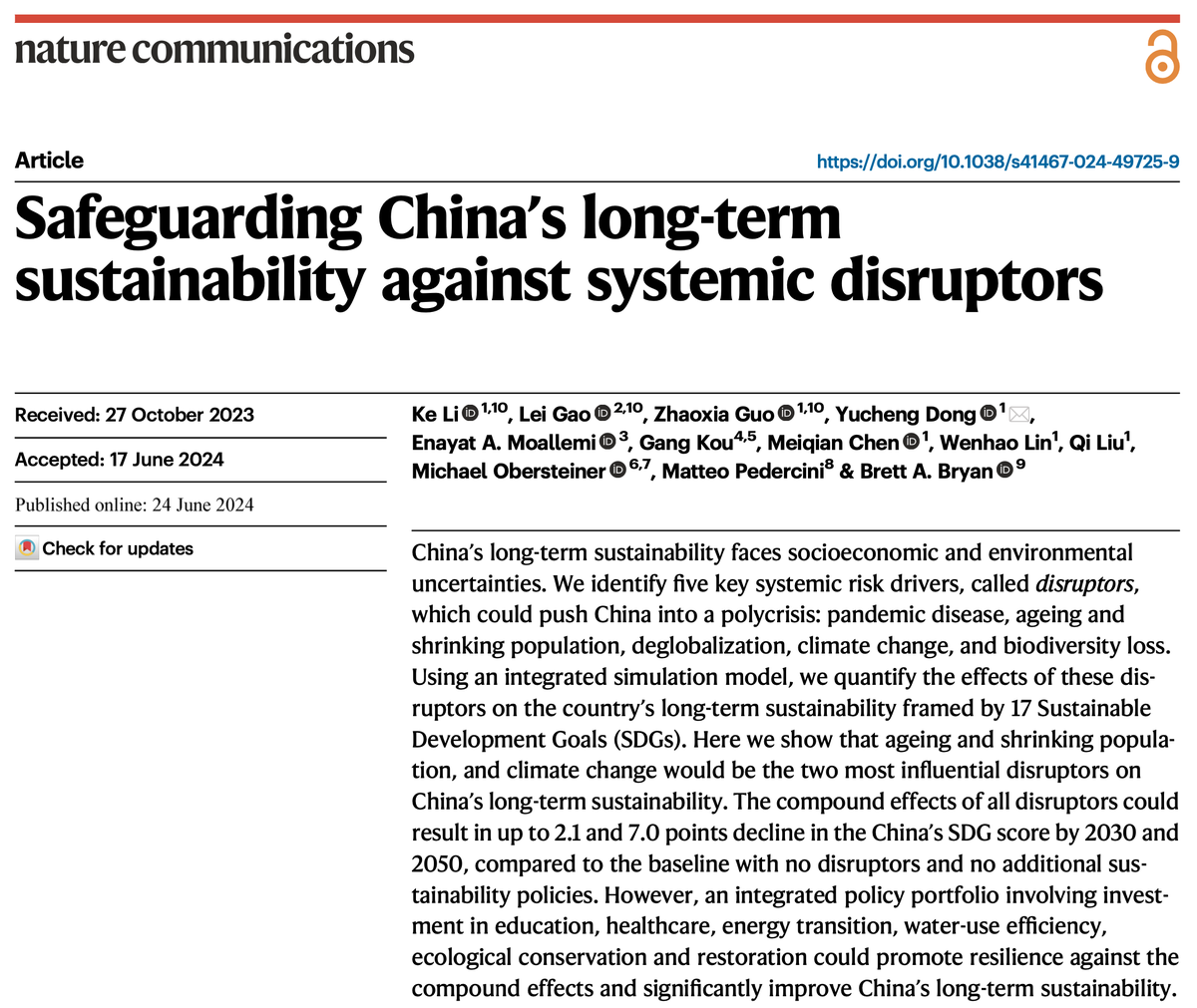Enayat Moallemi (@enayatmoallemi) on Twitter photo New paper in <a href="/NatureComms/">Nature Communications</a> analyses the risk of future deep uncertainties that China is facing, eg a next pandemic, shrinking population, deglobalisation, climate change, & biodiversity loss, to suggest robust pathways for its long-term sustainability nature.com/articles/s4146⦠New paper in <a href="/NatureComms/">Nature Communications</a> analyses the risk of future deep uncertainties that China is facing, eg a next pandemic, shrinking population, deglobalisation, climate change, & biodiversity loss, to suggest robust pathways for its long-term sustainability nature.com/articles/s4146ā¦