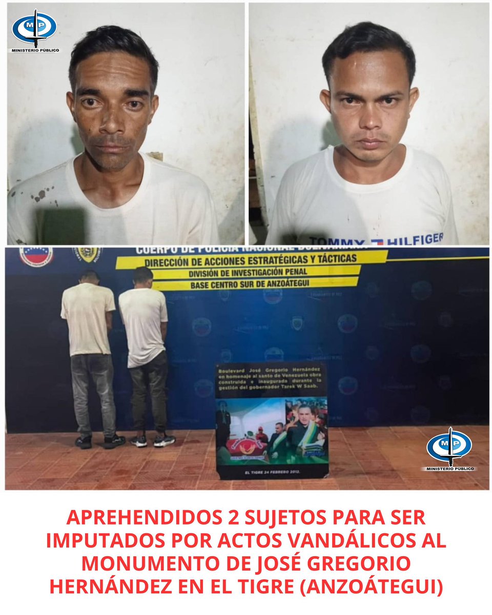 #AHORA 

#APREHENDIDOS para ser #imputados por el @MINPublicoVen #Anzoátegui los sujetos Jorge Manuel Rodríguez Coronado y Angel Leden More, quienes fueron aprehendidos cuando se encontraban realizando actos de vandalismo político afectando con dichas acciones a el Monumento del