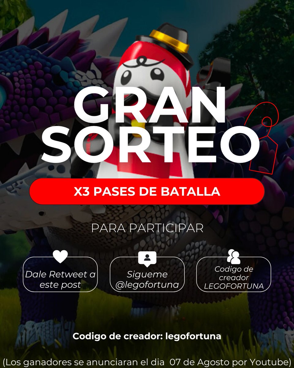❤️‍🔥 SORTEO DE COMUNIDAD X3❤️‍🔥 

Un solo premio no es suficiente, habrá 3 GANADORES😎

REQUISITOS:

• Dar RT (Retweet) a este post
• Seguirme aqui en X (twitter) <a href="/legofortuna/">Lego Fortuna</a>   
• código creador: legofortuna   

Se realizará el 07/08/2024 a las 21:00 pm 

📷 Buena suerte