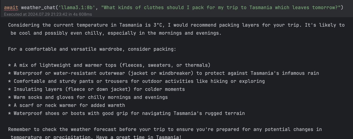 Seriously, even for a small model, llama 3.1-8b with tool support is giving good advice based on real time data.  Kudos to the team.  #ai #genai #llama #meta #datascience #python