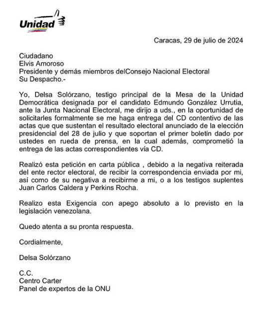 victoramaya's tweet photo. Delsa Solórzano, en nombre de la Plataforma Unitaria como su testigo principal ante la Junta Nacional Electoral,  envía carta al Consejo Nacional Electoral para exigir la entrega del total de actas que sustebtan el primer boletín anunciado por Elvis Amoroso la madrugada del lunes https://t.co/tjPHtjdLQu