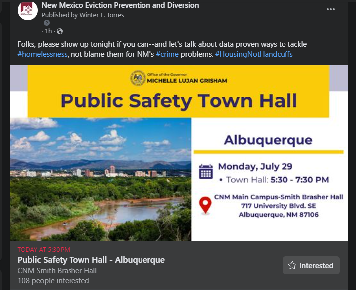 WTLSolutions's tweet photo. Folks, please show up tonight if you can--and let's talk about data proven ways to tackle #homelessness, not blame them for NM's #crime problems. #HousingNotHandcuffs https://t.co/6LHRndgA9c