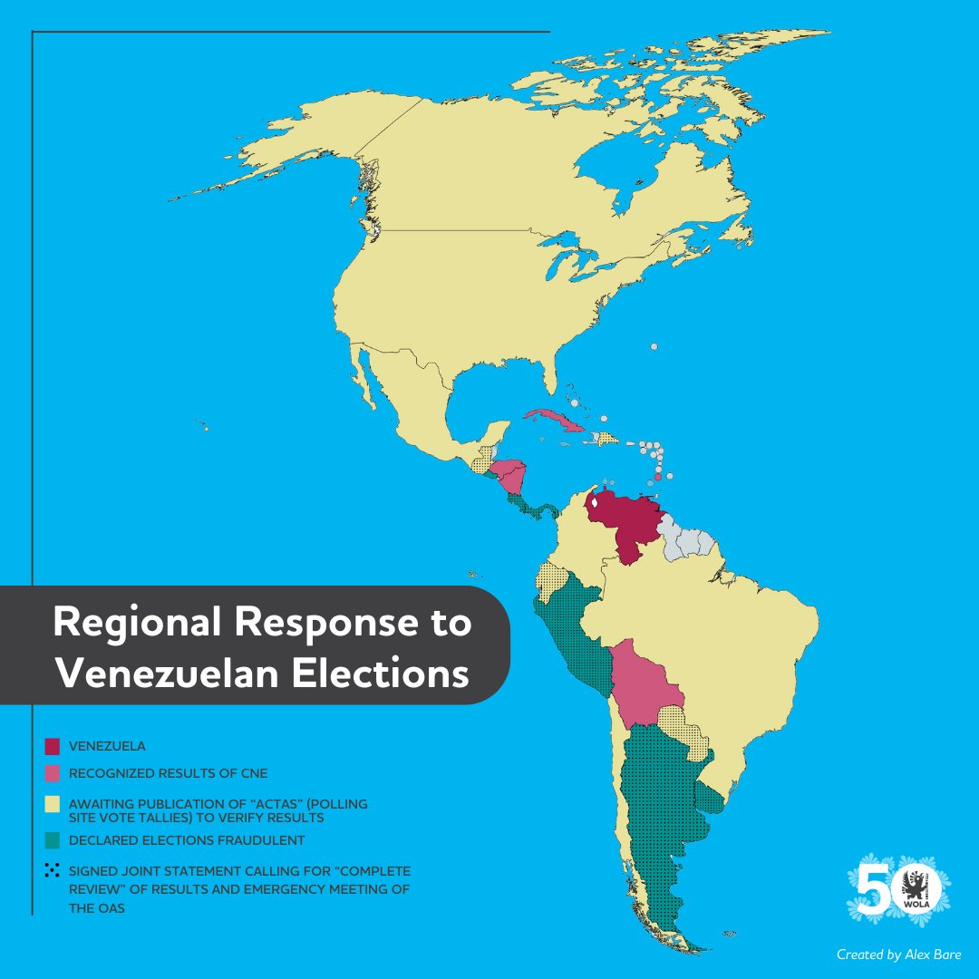 🇻🇪 In light of elections in #Venezuela, check out our map tracking the positions of various countries across the Americas and their recognition or rejection of Sunday’s electoral results.