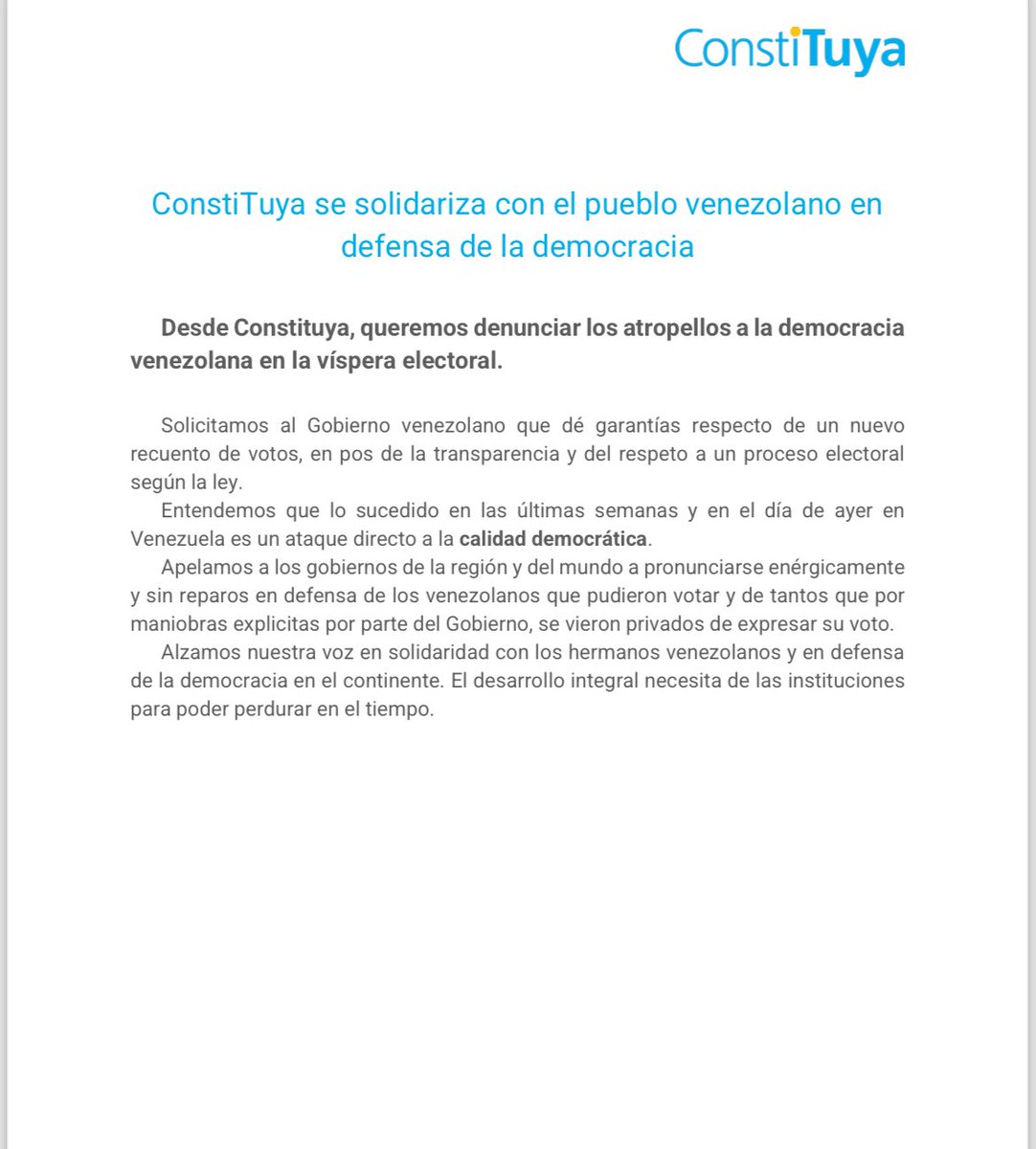 Desde @ConstiTuya repudiamos el ataque al pueblo venezolano, desconociendo el Gobierno la proclama de las urnas. Defendamos la democracia contra el atropello de Maduro y su banda.