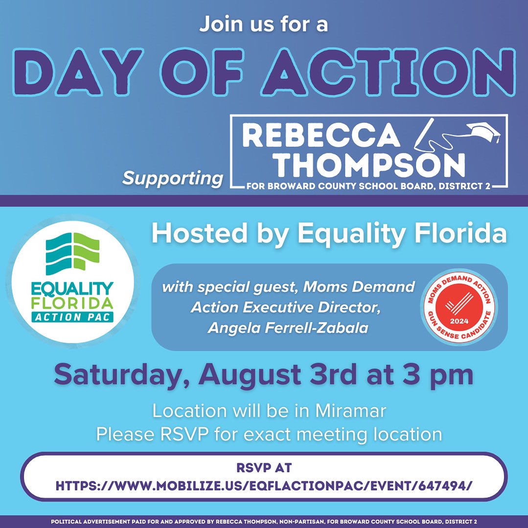 Please join me, <a href="/EqualityFlorida/">Equality Florida</a> , and <a href="/MomsDemand/">Moms Demand Action</a> for a Day of Action this Saturday at 3 pm. We will have special guest Angela Ferrel-Zabala, Executive Director of Moms Demand Action to kick us off. Then, we will talk to voters about what's at stake on August 20th.