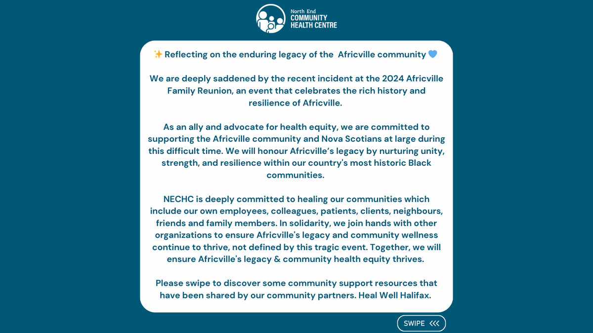 NorthEndCHC's tweet photo. NECHC supports the Africville community in these trying times. We're committed to health equity for all and honouring Africville’s legacy. #AfricvilleStrong #CommunityHealing #NECHC #Africville #NovaScotia #CommunityHealth #Halifax https://t.co/LOXAo8EmBI
