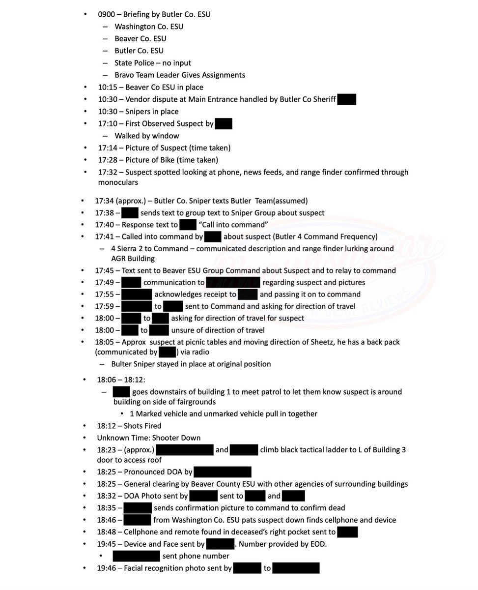 Mrgunsngear's tweet image. Beaver County ESU/SWAT after action report timeline from the evening of July 13th...

#trump #AssassinationAttempt #AssassinationPlot #ButlerCounty #sniper