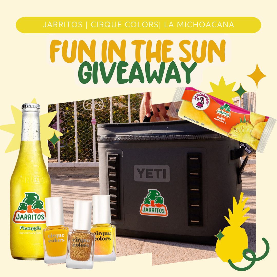 Celebrate summertime with our Fun in the Sun Giveaway! 🤩

5 lucky winners will receive:
🍍One 12 pack of Jarritos Piña sodas
🧊 One Jarritos branded cooler
💅Four sunshine ready polishes by  <a href="/cirquecolors/">Cirque Colors</a>
💛 Two boxes of delicious Jarritos Piña by <a href="/LaMichoacanaYtu/">La Michoacana</a> 

To enter,