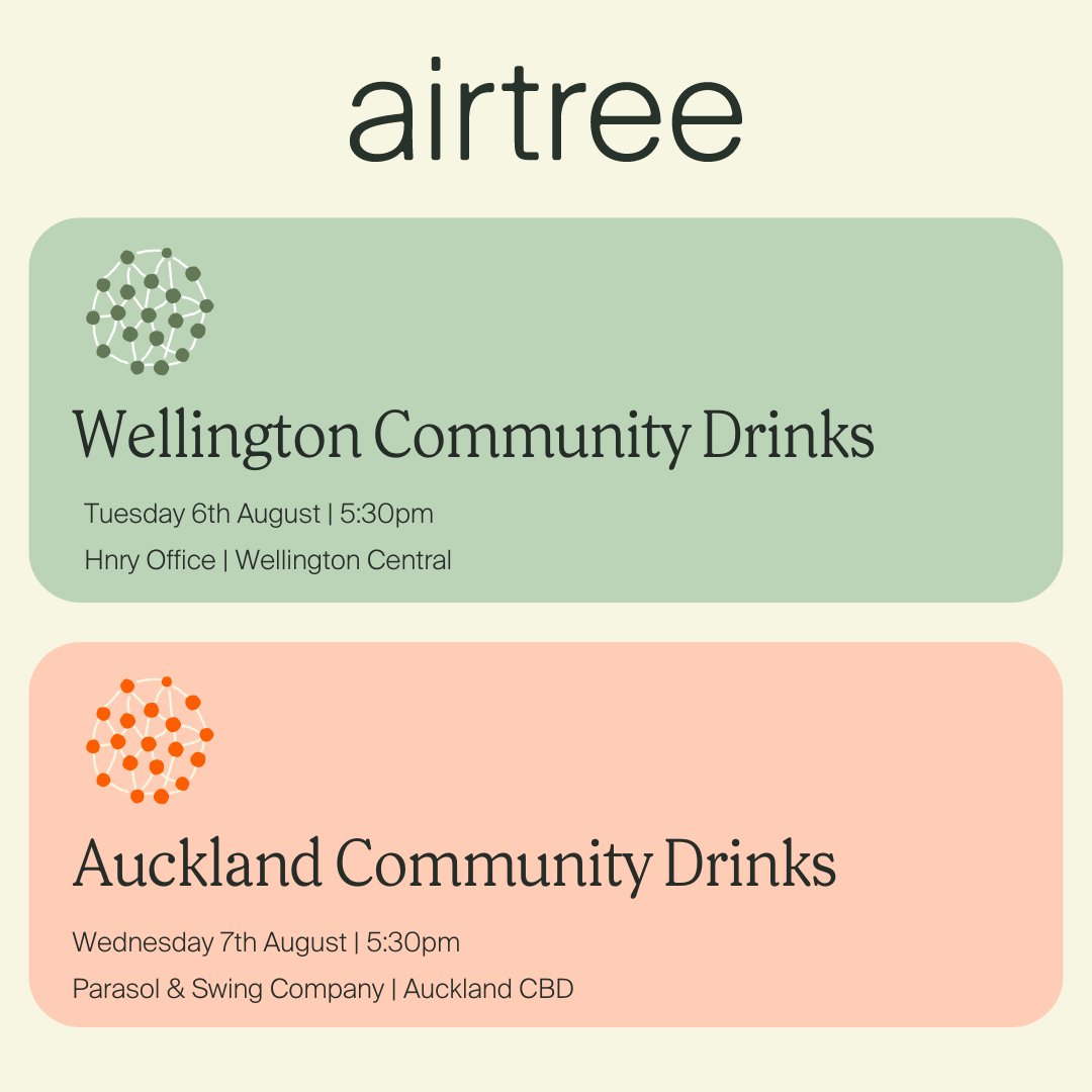 Airtree’s coming to Aotearoa 🥝

<a href="/VullinghsJ/">Jax Vullinghs</a> and <a href="/RaajRayat/">Raaj Rayat</a> are heading across the ditch next week to connect with Kiwi founders and operators. Sign up below to join them for drinks 🥂

Auckland: lu.ma/airtreeAKL
Wellington: lu.ma/airtreeWLG
