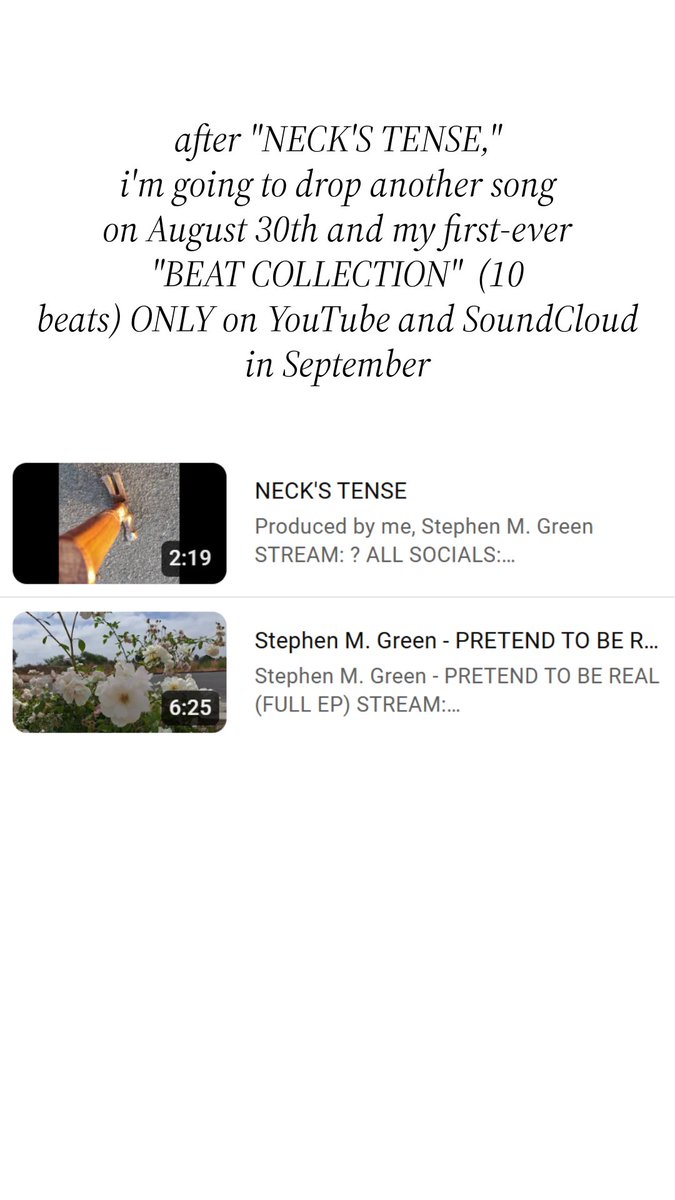 SMGShorts's tweet photo. Stephen M. Green recently revealed...

• His EP "PRETEND TO BE REAL" has 1,000+ plays on SoundCloud.
• He has another song dropping on August 30th, 2024.
• He has an "BEAT COLLECTION" dropping in September ONLY on YouTube and SoundCloud.

Sources: #Instagram &amp; #Facebook https://t.co/MzN1sAT21q