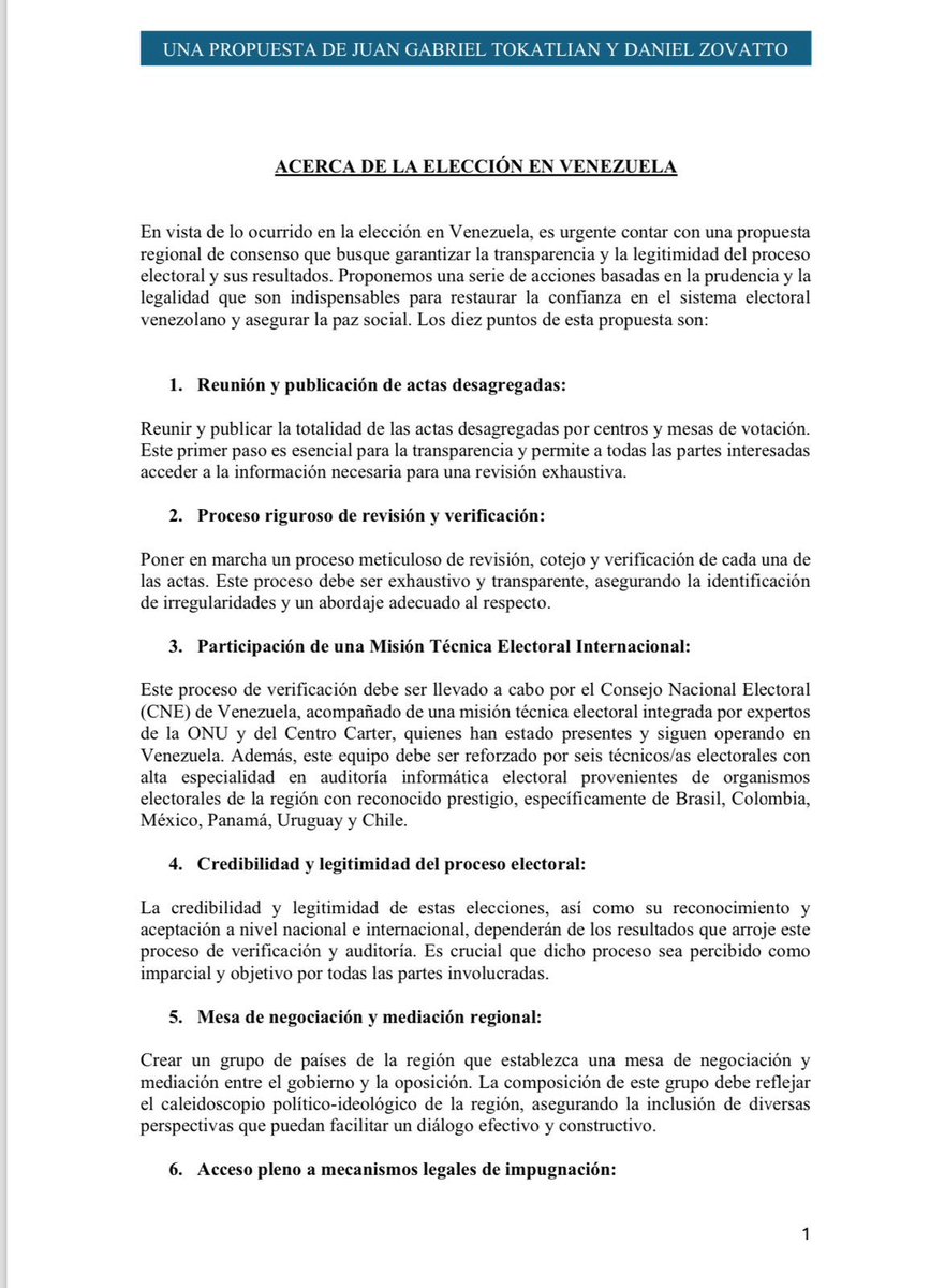Zovatto55's tweet photo. Propuesta de Juan Gabriel Tokatlian y mi persona con el objetivo de aportar algunas ideas que ayuden a encontrar una salida electoral, democrática y pacífica a la actual grave crisis venezolana. Comentarios bienvenidos. 👇

Comentarios bienvenidos https://t.co/u2gHRantvB