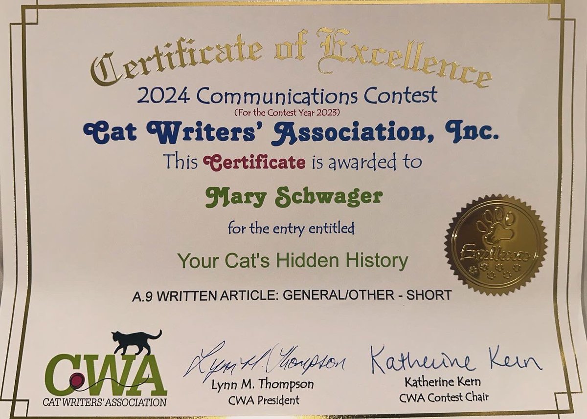 WatchDogMary's tweet photo. There’s been so much talk about cats lately that I thought it was the perfect time to say:

 I am absolutely honored to have won two certificates of excellence from the @CatWriters Association for two articles I wrote last year! #cats #catlady #cat #Writer #CatPeople https://t.co/JexFW5MSe3