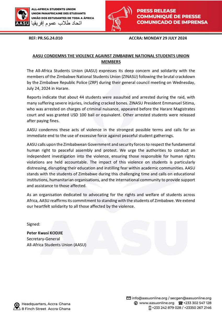 aasu_72's tweet image. The All-Africa Students Union (AASU) condemns the brutal assault and arrest of 44 members of the Zimbabwe National Students Union (ZINASU) by the Zimbabwe Republic Police during their general council meeting in Harare on July 24, 2024.

#HumanRights #StudentSolidarity