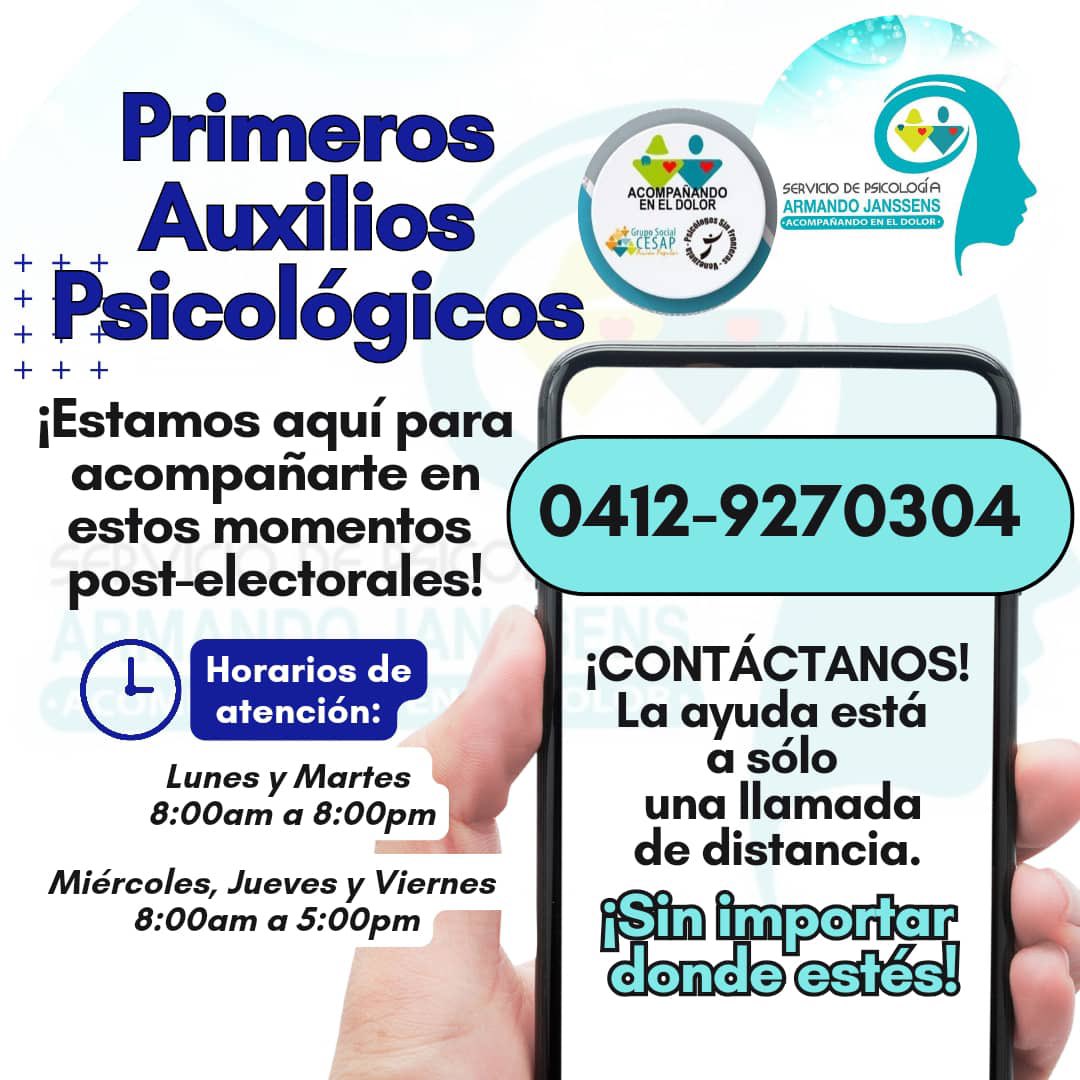 El servicio de Psicología "Armando Janssens" como parte del Programa 
@acompdolor (alianza entre @gscesap y <a href="/psfvenezuela/">Psic. Sin Fronteras Venezuela</a> ) 
ofrecemos apoyo emocional y profesional a todos aquellos que en estos momentos post-electorales necesiten SOS PSICOLOGICOS ¡Estamos aquí para acompañarte!