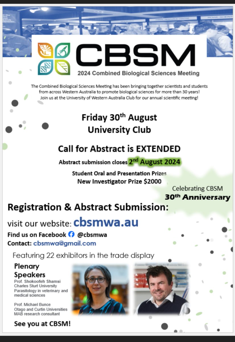 scientist_mum's tweet image. On behalf of the Combined Biological Sciences Meeting (#CBSM) committee, I&apos;m pleased to inform the #CallforAbstract has been EXTENDED to 2nd August! Great platform for honours, masters, PhDs, EMCR to share their research.

Register &amp;amp; submit via our website cbsmwa.au