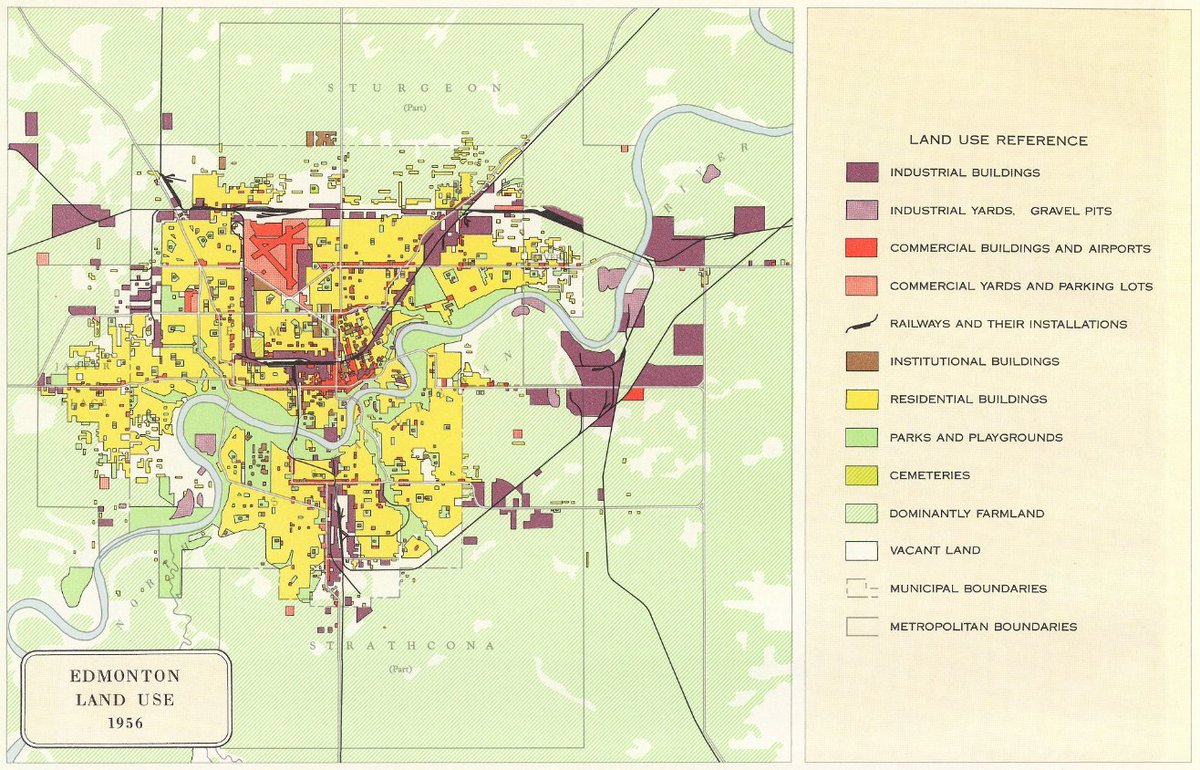 e_backstrom's tweet photo. 1956 map of Edmonton from the 3rd edition of the Atlas of Canada. It contains at least one error. Can you see it? 🧵 #yeghistory https://t.co/Int7Oq0IE8