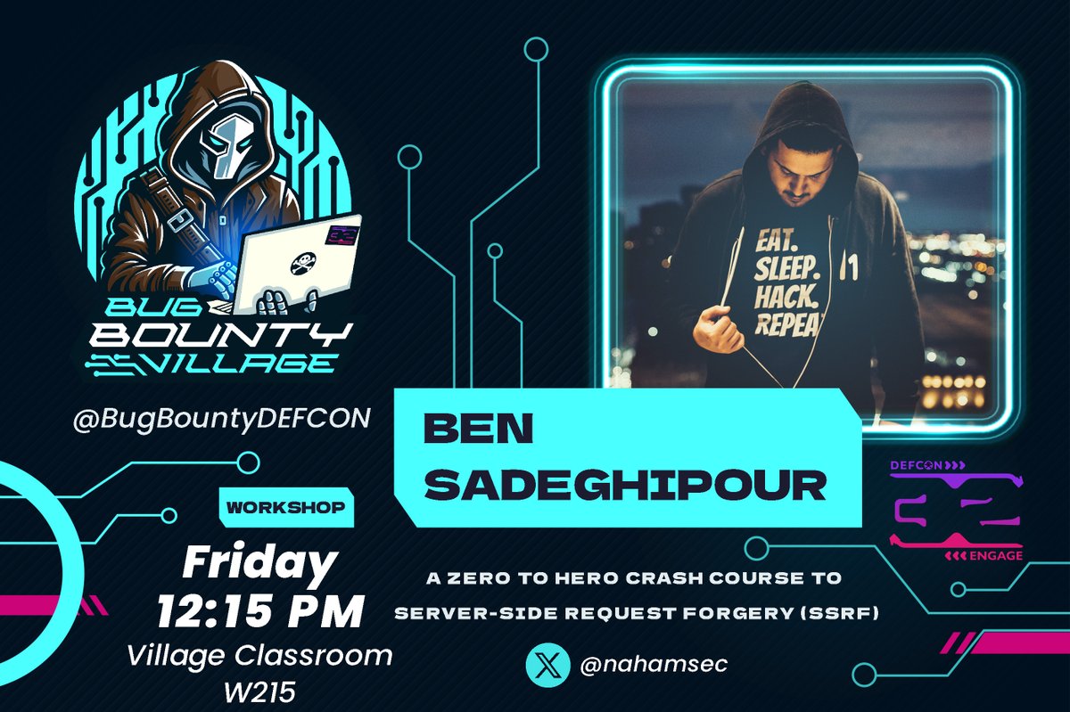 Don't miss "A Zero to Hero Crash Course to Server-Side Request Forgery (SSRF)" by Ben Sadeghipour (@nahamsec)!  📅 Friday, Aug 9 ⏰ 12:15 PM 📍 Bug Bounty Village Classroom, Room W215 #BugBounty #DEFCON