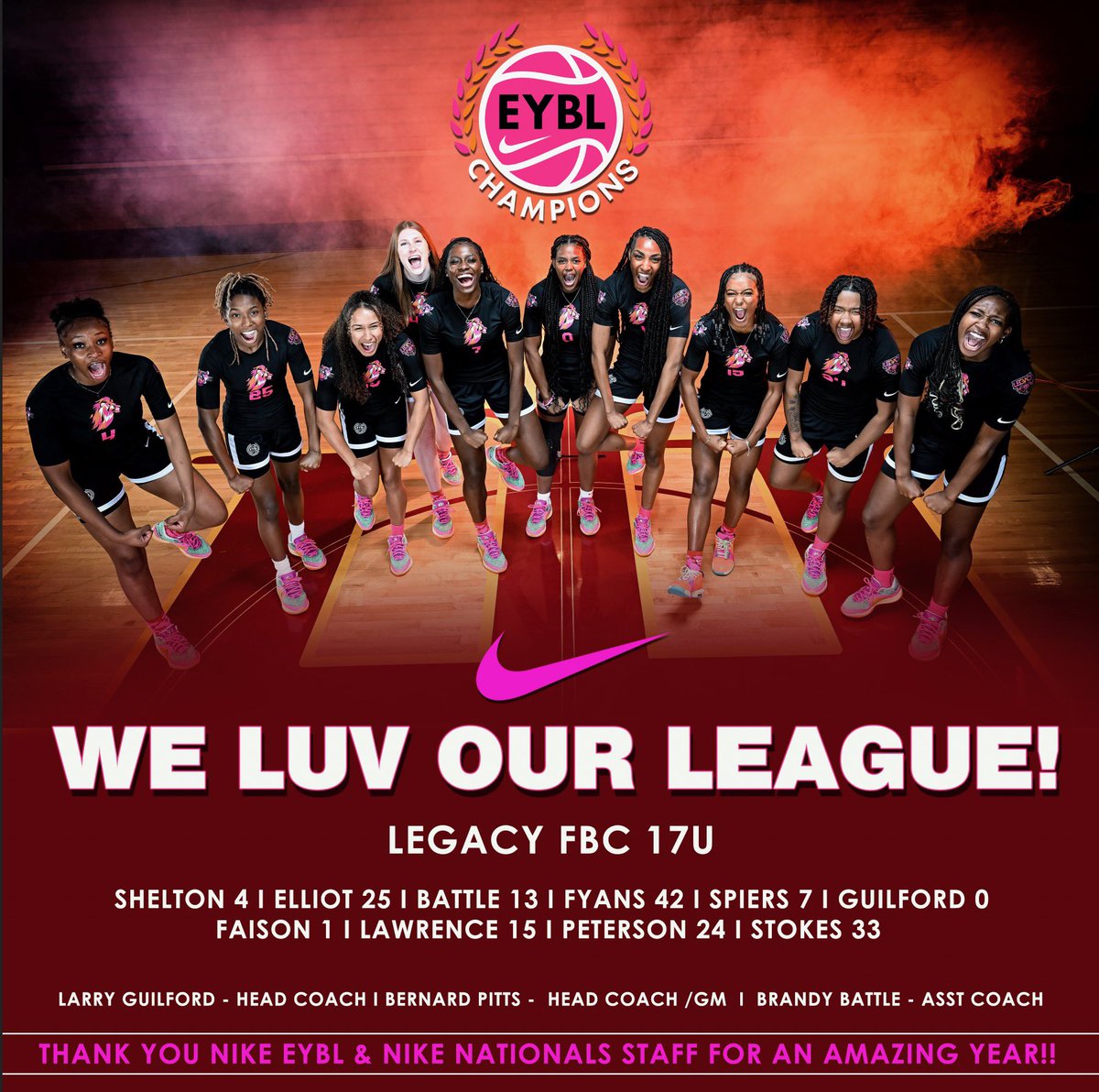 Big thanks to <a href="/NikeGirlsEYBL/">Nike Girls EYBL</a> for an incredible platform this season! The girls have grown tremendously and showcased their talents on a national stage. We appreciate your support and dedication to the future of women's basketball! #WELUVOURNIKELEAGUE @FbcLegacy <a href="/pitts_academy/">COACH PITTS</a>