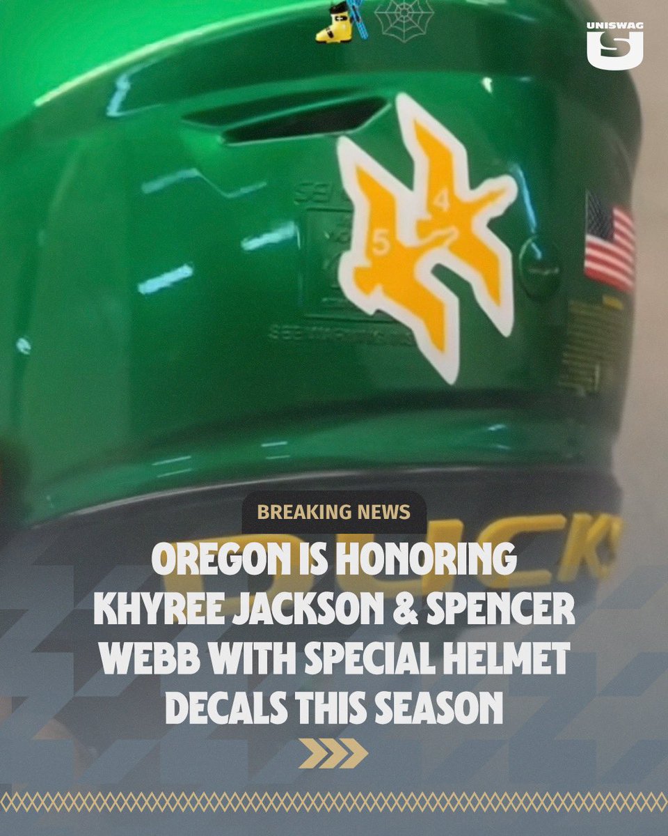 UNISWAG's tweet photo. .@oregonfootball will honor Khyree Jackson &amp; Spencer Webb on their helmets this season.

#uniswag https://t.co/0TjVwvJgmK