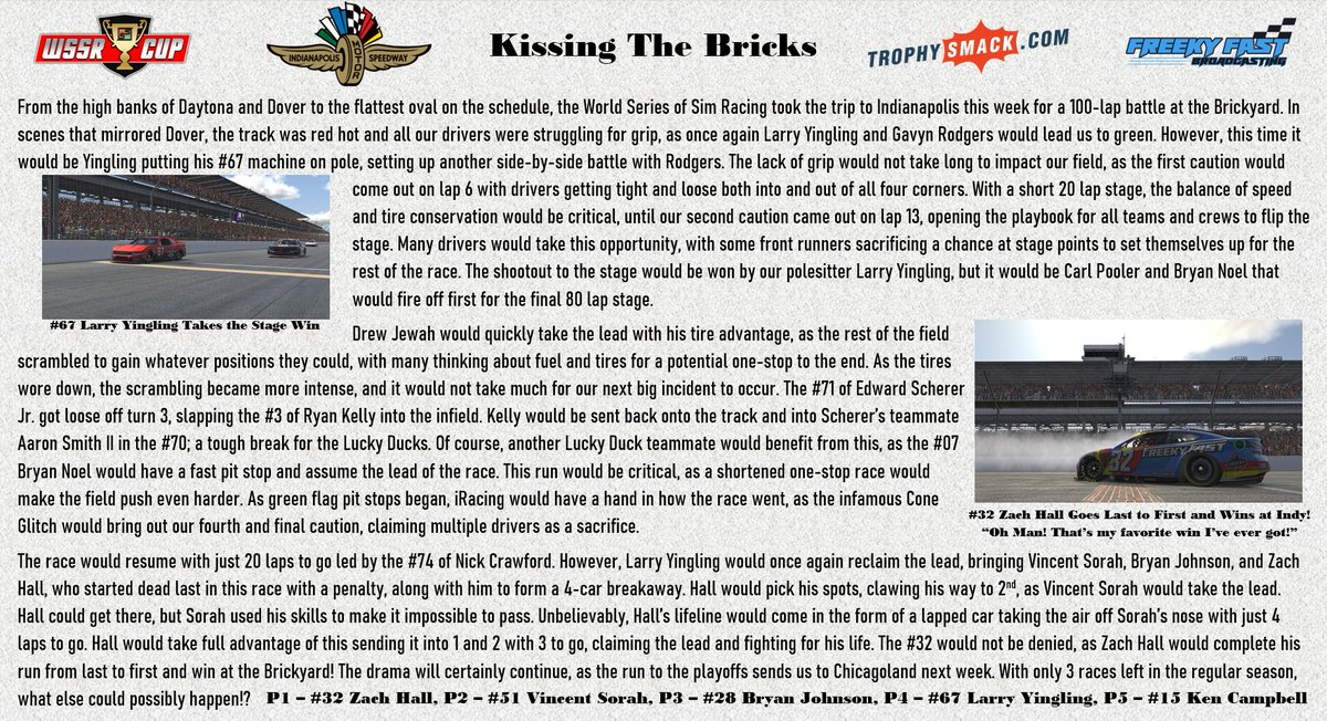 Did you miss the broadcast for our last race at Indianapolis? Check out our race re-cap!

✍️ Joshua Cannata

#iRacing | #ChasingTheTrophy | <a href="/TrophySmack/">TrophySmack</a>