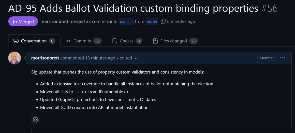 morrisonbrett's tweet image. Happy to merge this massive pull request as we build out the @TrueVoteOrg platform.

TrueVote brings transparency to voting, one ballot at a time. Immutable and tamper-proof - built on @opentimestamps and #Bitcoin.

github.com/TrueVote/TrueV…

#ElectionIntegrity #VenezuelaVOTA