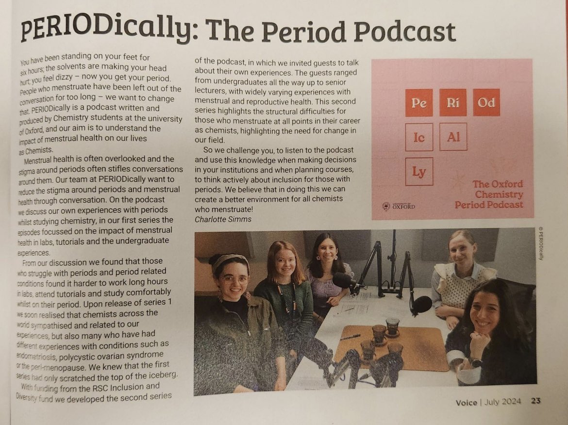 OxWiChem's tweet image. Celebrating the success PERIODically in Royal Society of Chemistry Monthly newsletter. We are so very proud of Charlotte & her team. If you haven't already, get on the podcast now.#Oxfordchemistry
