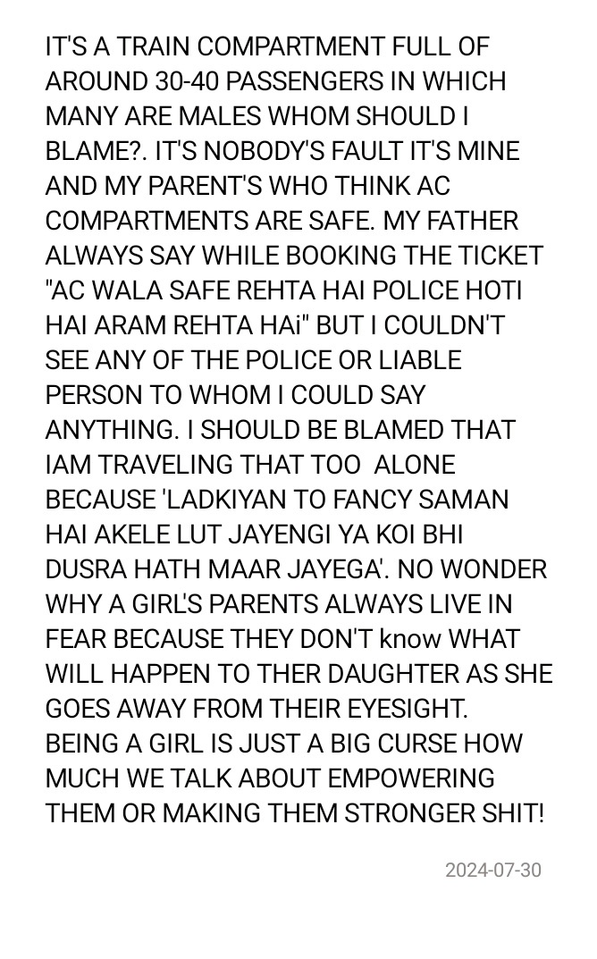 ridhimav3's tweet photo. I had to post it. Couldn't write it all here as X doesn't allow so attaching as pictures. And I absolutely want to thank @RailMinIndia @IRCTCofficial @AshwiniVaishnaw as there was  no police and I felt really safe while travelling in train. https://t.co/pNKpdTDJT9