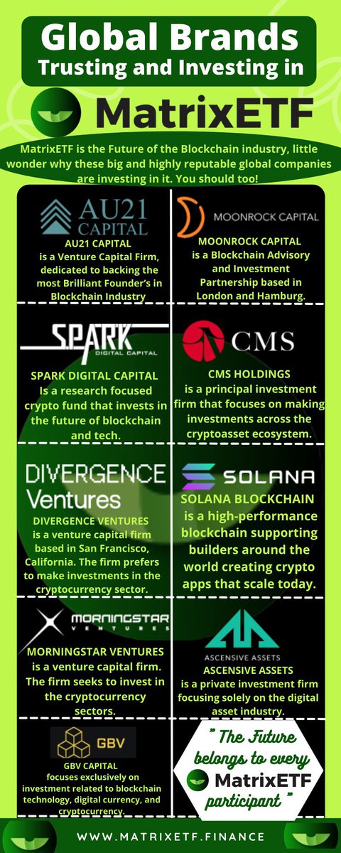 Isaac_Ben__'s tweet image. @MatrixETF is the Future of the Blockchain industry, little wonder why these big and highly reputable global companies in the infographic below are investing in it. If they trust and know that MatrixETF is the Future, then you should too!
$MDF #matrixETF  #Solana #ETH 
#crypto