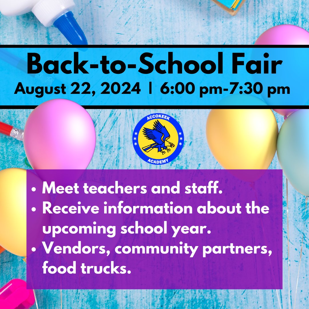 Mark your calendar for our Back-to-School Fair!  We look forward to meeting our new and returning families. <a href="/pgcps/">PGCPS</a>