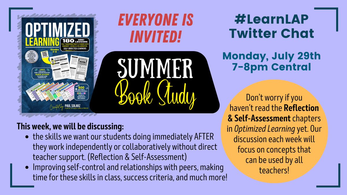 PaulSolarz's tweet image. Please join us IN 30 MINUTES (7pm Central) for #LearnLAP!

#msmathchat #teacheredchat #tlap #tntechchat #Aledchat #MexEdChat #mbedchat #resiliencechat #ieedchat #asbchat #tosachat #formativechat #education #k12 #edtech #teachertwitter #mschat #elemchat #ntchat #teachers #edchat