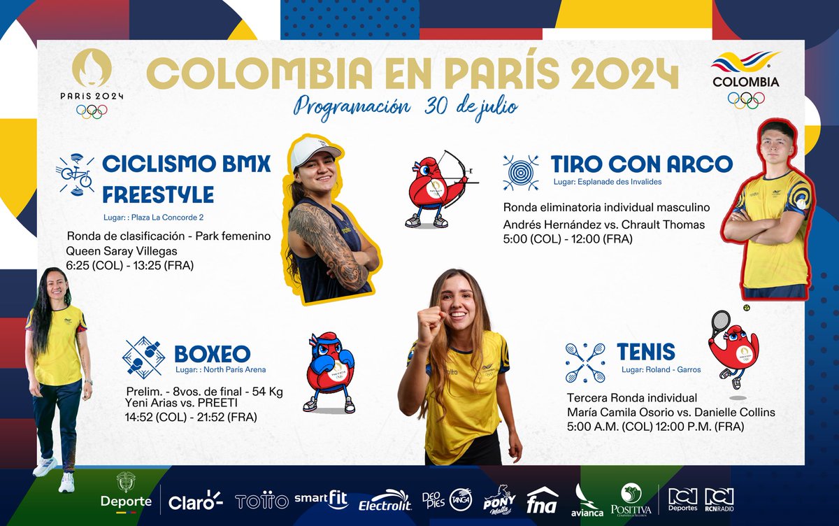 OlimpicoCol's tweet photo. 📣 Programación de #ColombiaEnParis2024, martes 30 de julio, en los Juegos Olímpicos 🇨🇴😊 https://t.co/IxeifSfYKv