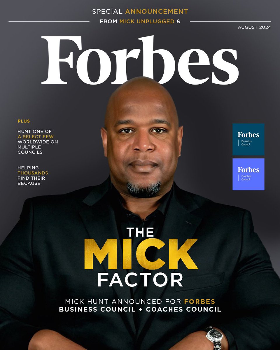 MickUnplugged's tweet photo. Thrilled to announce my inclusion in the @ForbesCoaches & @ForbesBizCncl.
Honored to empower young leaders, entrepreneurs, and executives with wisdom and accountability. Let’s shape the future of leadership together! 💪 #ForbesCouncil #Leadership #Coaching #MickUnplugged https://t.co/pJpKy6u2su