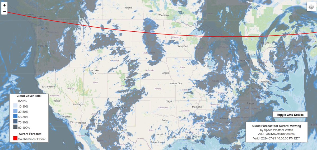 spacewxwatch's tweet photo. TONIGHT'S AURORA+CLOUDS FORECAST:
We stay on the conservative side of things this evening as we begin to see the beginnings of a coronal mass ejection impact in the ACE/DSCOVR solar wind data. We think #aurora viewing will be fairly limited in scope for the United States this evening based on the data we're currently seeing at various spacecraft. 
Things may change very late tonight or tomorrow, July 30 as additional CMEs may arrive, but unless something big changes, we're not expecting widespread aurora across the United States tonight despite the ongoing CME arrival. 
Updates to this forecast will be provided this evening if things change or conditions warrant a southward move of the aurora viewing line.
Support Space Weather Watch:
Patreon: https://t.co/CyjLtWWiZO
BMAC: https://t.co/jgcOwcAlP7