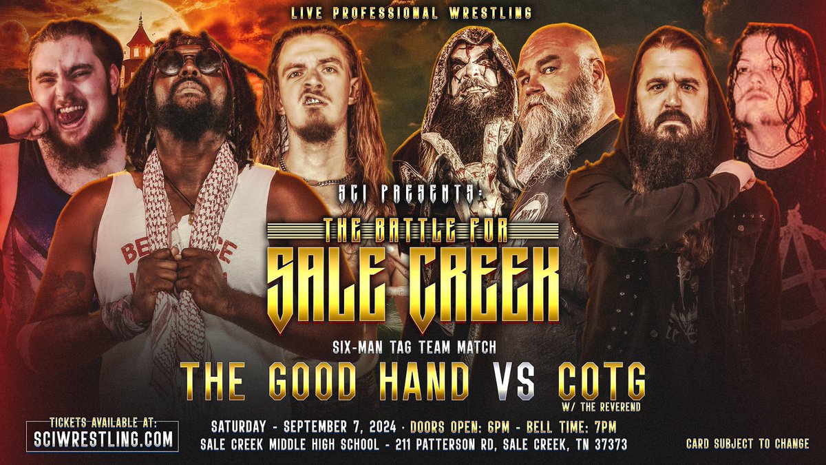 SCI Tickets are on sale now (@scitournament) on Twitter photo *Match Announcement*
The team of <a href="/SugarDunkerton/">Suge De La Sausalito</a> <a href="/thekaseyowens/">Kasey Owens</a> & <a href="/TylerStevensPro/">The Wall Tyler Stevens</a> will take on <a href="/Tank_Est1996/">The Bloodbath Behemoth</a> #Azrael & <a href="/NathanMowery/">Nathan</a> w/ <a href="/revdanwilson/">The Rev Dan Wilson</a> in a
SALE CREEK STREET FIGHT!
Get your tickets and join us live! *Match Announcement*
The team of <a href="/SugarDunkerton/">Suge De La Sausalito</a> <a href="/thekaseyowens/">Kasey Owens</a> & <a href="/TylerStevensPro/">The Wall Tyler Stevens</a> will take on <a href="/Tank_Est1996/">The Bloodbath Behemoth</a> #Azrael & <a href="/NathanMowery/">Nathan</a> w/ <a href="/revdanwilson/">The Rev Dan Wilson</a> in a
SALE CREEK STREET FIGHT!
Get your tickets and join us live!