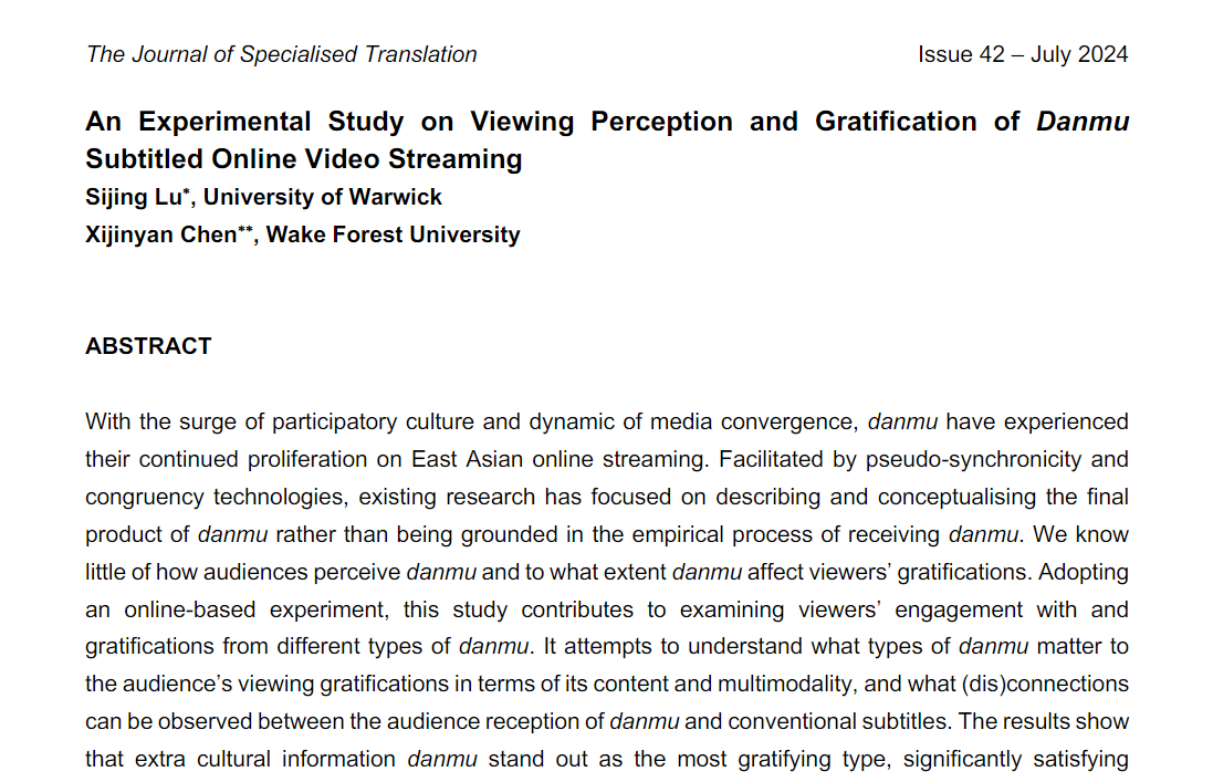 JostransT's tweet photo. Sijing Lu, Xijinyan Chen

An Experimental Study on Viewing Perception and Gratification of Danmu Subtitled Online Video Streaming

https://t.co/nRJuGV9yk3 https://t.co/CQTwJne2Ha