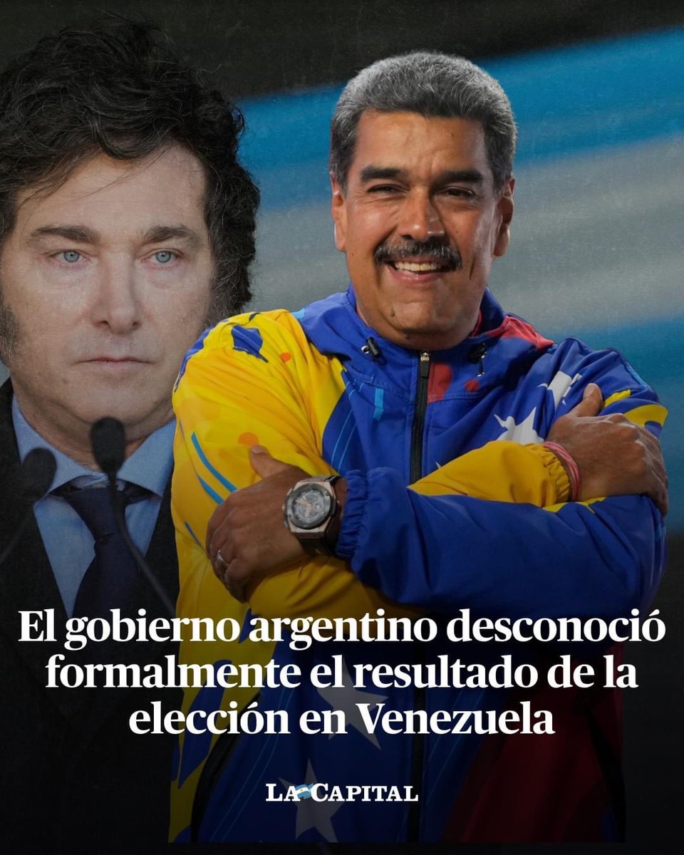 patobonato's tweet photo. 🇦🇷❌ “LA REPÚBLICA ARGENTINA RECHAZA Y DESCONOCE EL RESULTADO ANUNCIADO POR EL GOBIERNO VENEZOLANO"

🗳️ El gobierno de Javier Milei destacó que continuará apoyando “decididamente el anhelo de libertad del pueblo venezolano y hace un llamado a la comunidad internacional en su conjunto para que se desconozca el fraudulento resultado de estas elecciones”.