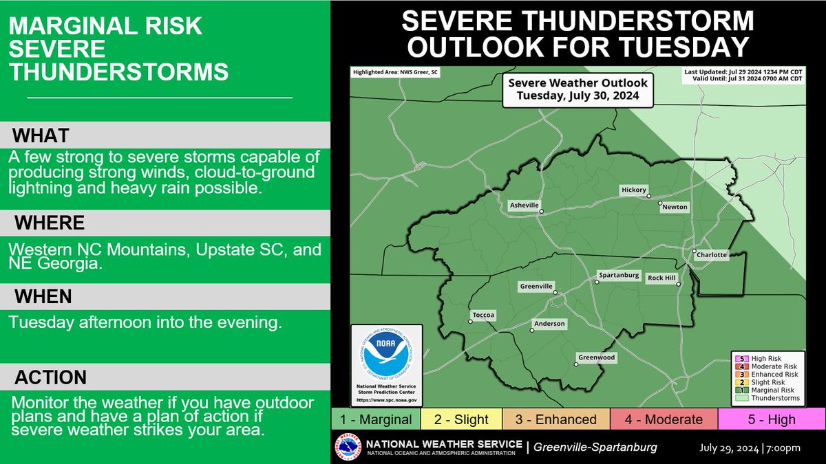 NWSGSP's tweet image. Another round of showers and thunderstorms expected on Tuesday. A few storms could become severe. Stay weather aware and if thunder roars, go indoors!
#scwx #ncwx #gawx