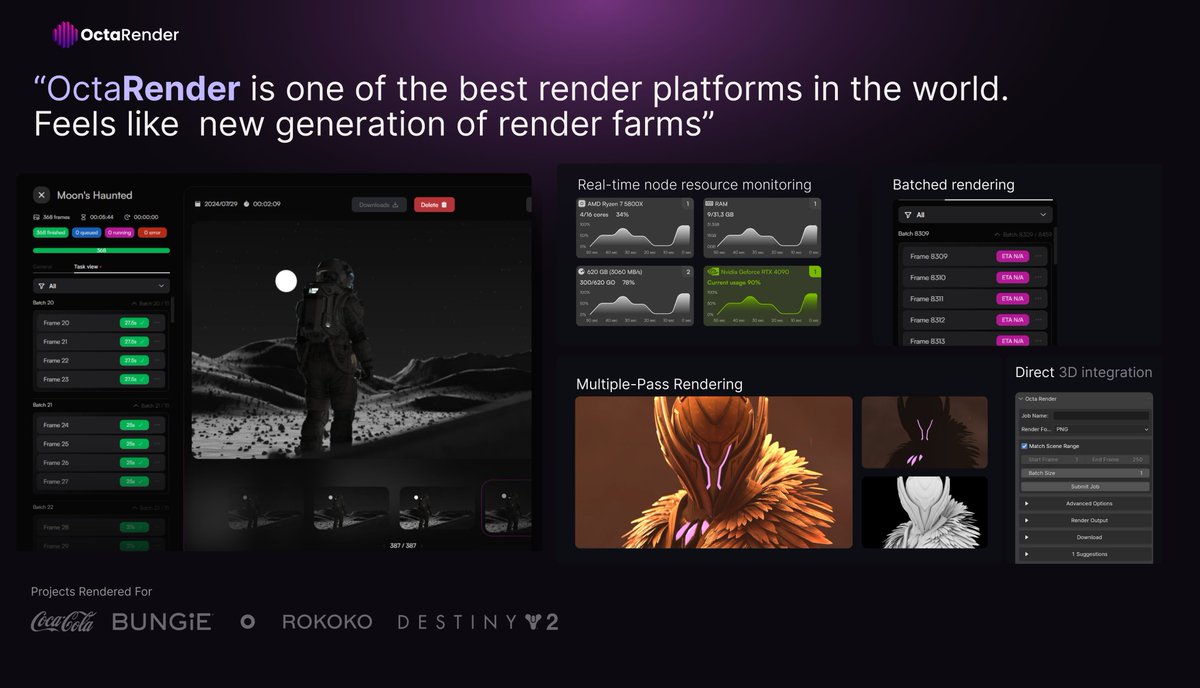 "OctaRender is one of the best render platforms in the world. Feels like a new generation of render farms." 

And this isn’t us saying that.

It’s a VFX studio commissioned by the biggest companies in the world. Our mission is to help artists translate their wildest dreams into