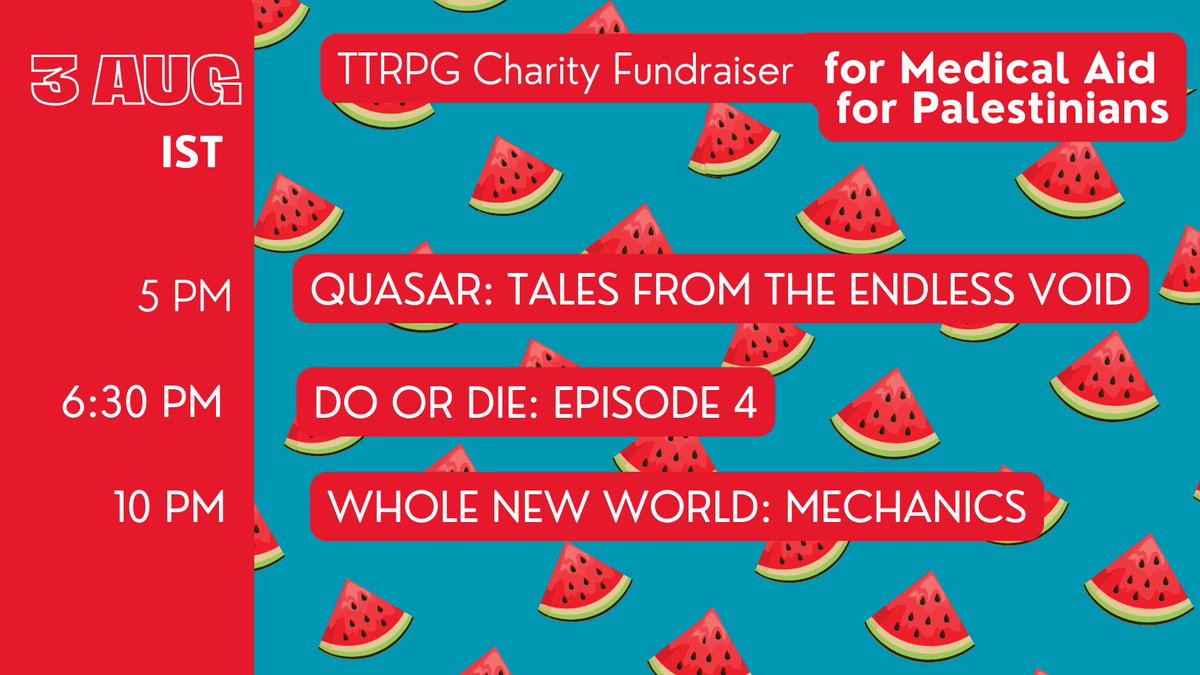 It's time. Starting this Friday, 2nd Aug, uptil the wee hours of Sunday 4th Aug, we have SO MANY #TTRPGs for you to watch while you donate to and/or amplify the cause : <a href="/MedicalAidPal/">Medical Aid for Palestinians</a> 
streaming on <a href="/DesisNDragons/">Desis & Dragons 🐉 🇮🇳</a> and a whole host of streaming pals! (times in IST)
(1/🧵)