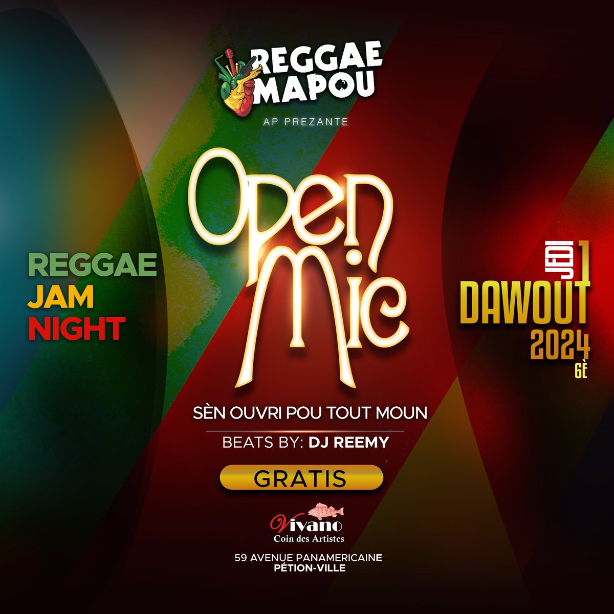 Steve Mapou (@stevemapou) on Twitter photo RASANBLE RASANBLE!! ❌
Reggae Mapou vin anonse w yon bon nouvèl.
Randevou chak semèn nou yo ap rekòmanse jedi 1 dawout 2024 nan <a href="/coindesartistes/">Coin des Artistes</a>.vivano , Baz atis💚💛❤️🔥
Nou pran plezi tanmen sware nou yo ak yon “Open Mic” pou pèmèt tout moun patisipe.
N ap tann ou. RASANBLE RASANBLE!! ❌
Reggae Mapou vin anonse w yon bon nouvèl.
Randevou chak semèn nou yo ap rekòmanse jedi 1 dawout 2024 nan <a href="/coindesartistes/">Coin des Artistes</a>.vivano , Baz atis💚💛❤️🔥
Nou pran plezi tanmen sware nou yo ak yon “Open Mic” pou pèmèt tout moun patisipe.
N ap tann ou.