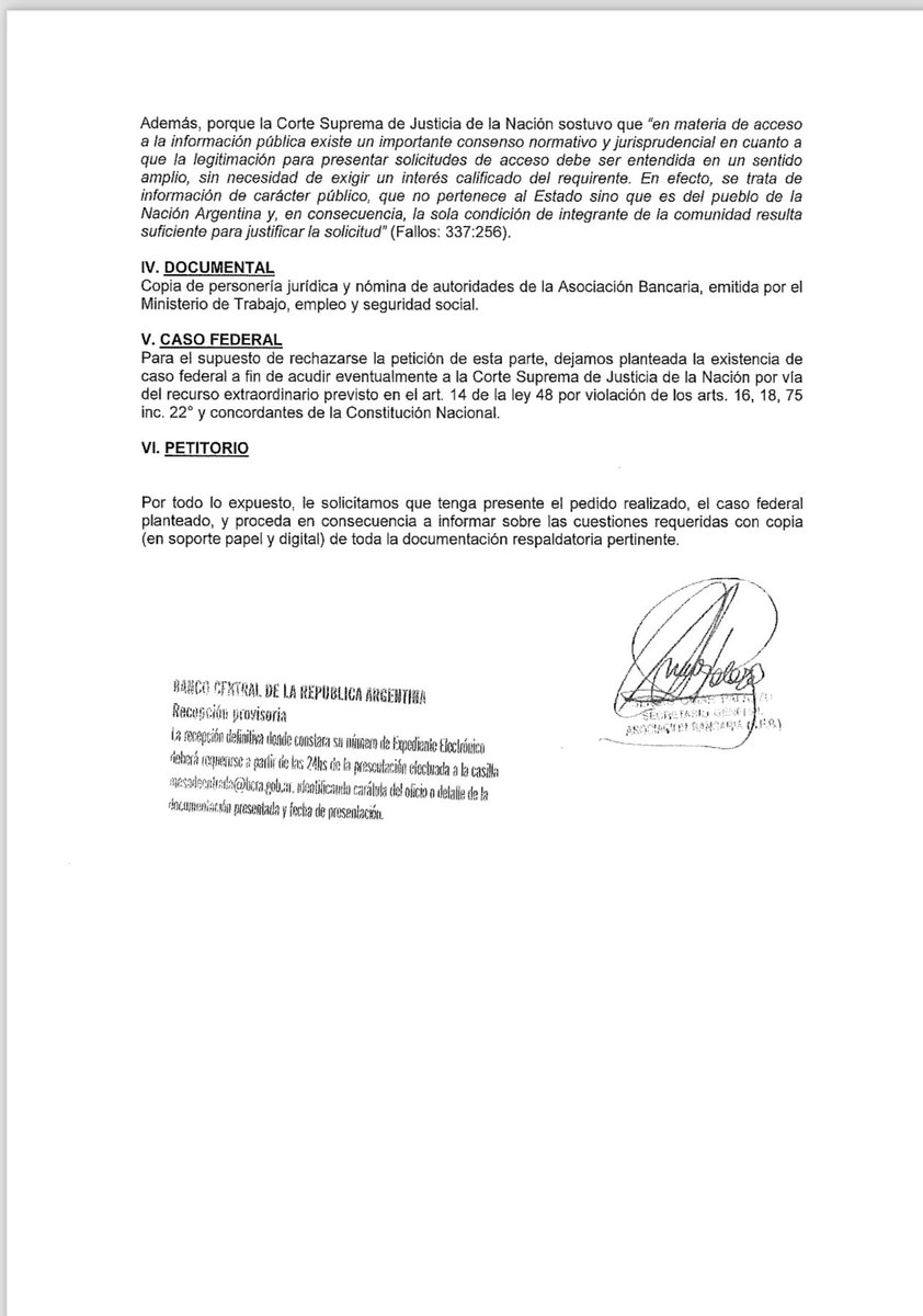 Al día de hoy el Presidente del BCRA no ha contestado mi pedido de acceso a la información pública respecto a la salida de las reservas de oro hacia el exterior.

Es por eso que hoy le he realizado un nuevo pedido de acceso a la información publica, para que conteste si en las