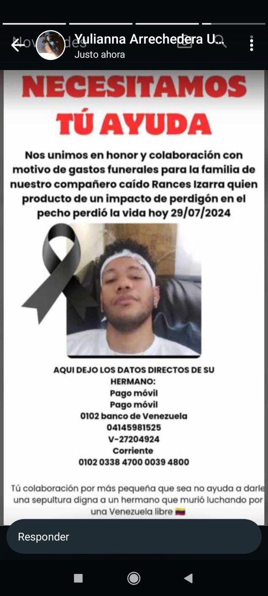 andresdm93's tweet photo. Necesitamos tu ayuda! Rances Yzarra joven profesional Ingeniero que falleció por un perdigón en Maracay, su familia no tiene como cubrir los gastos funebres! Ayudemos a la familia de este valiente guerrero!
@Juliococo @CATERINAV @leonline2000 @DonCorneliano2 https://t.co/3NuEsgCTlw